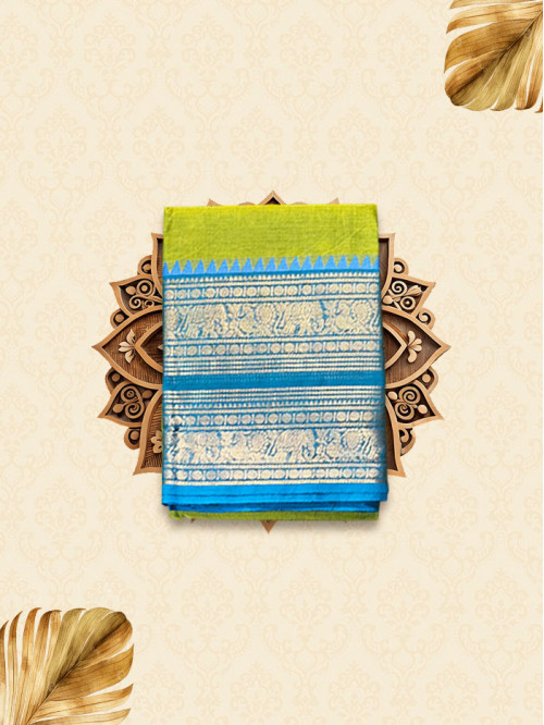 CYA Parrot Green with Sky blue Saree